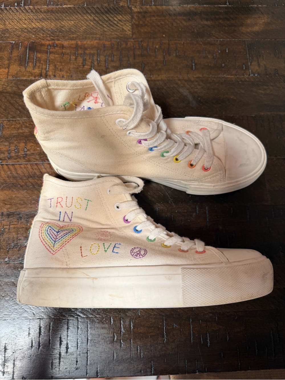 Kids High-Top Canvas Sneakers - Cream with Rainbow Accents